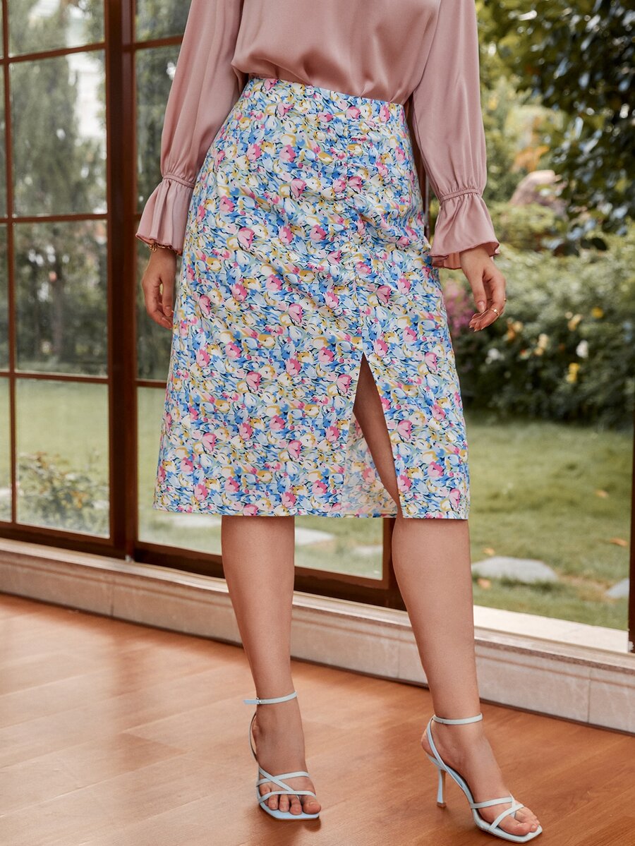 大碼下擺開叉小碎花半身裙 - 彩色 - 查看 1