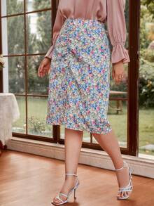 大碼下擺開叉小碎花半身裙 - 彩色 - 查看 5