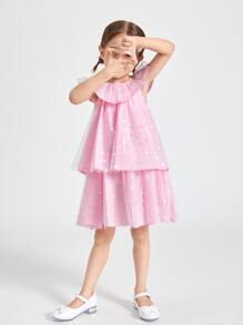 SHEIN Toddler Girls Heart Print Layered Hem Dress