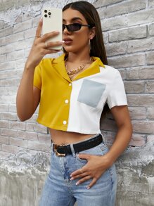 SHEIN Essnce Patch Pocket Colourblock Crop Blouse - Yellow - View 1