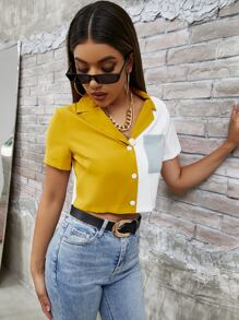 SHEIN Essnce Patch Pocket Colourblock Crop Blouse - Yellow - View 4