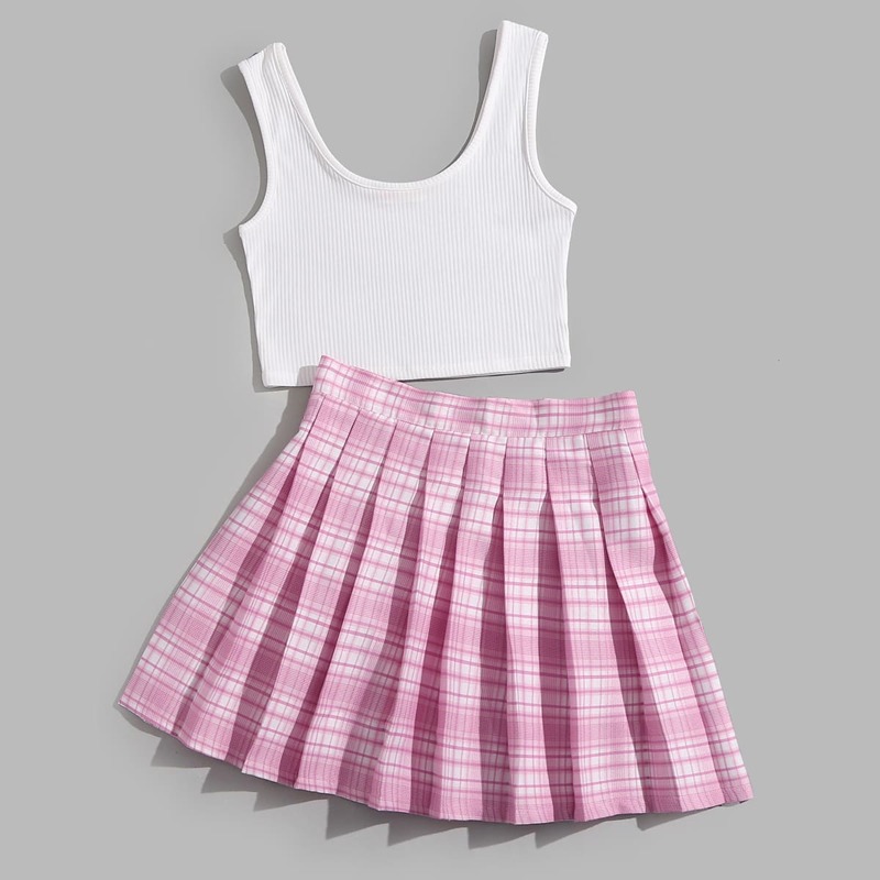 

Solid Tank Top & Plaid Pleated Skirt, Multicolor