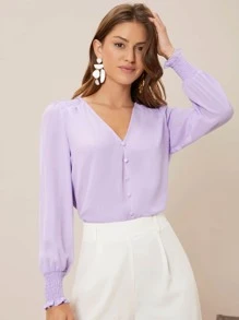Firerie V-neck Shirred Button Detail Top - Lilac Purple - View 1
