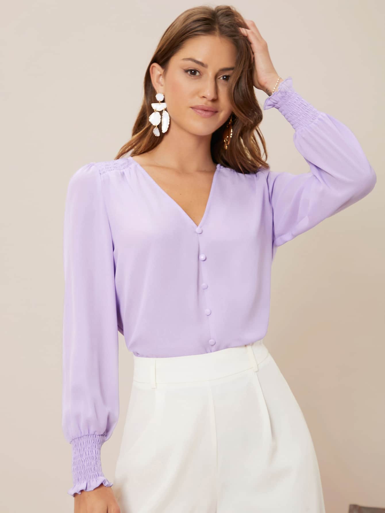 Firerie V-neck Shirred Button Detail Top - Lilac Purple - View 1