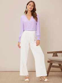 Firerie V-neck Shirred Button Detail Top - Lilac Purple - View 3