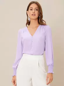 Firerie V-neck Shirred Button Detail Top - Lilac Purple - View 4