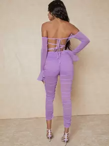 SHEIN SXY 一字肩後背繫帶荷葉袖上衣和褶邊長褲 - 紫丁香色 - 查看 2