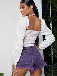 SHEIN VCAY Butterfly Pattern Frill Ruched Bust Tie Front Gathered Sleeve Crop Blouse - White - View 2