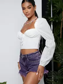 SHEIN VCAY Butterfly Pattern Frill Ruched Bust Tie Front Gathered Sleeve Crop Blouse - White - View 3