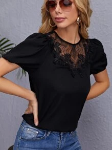 SHEIN Clasi Áo sơ mi Nút Tương phản ren Cắt ra màu trơn Thanh lịch - màu đen - Xem 4