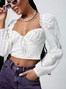 SHEIN VCAY Butterfly Pattern Frill Ruched Bust Tie Front Gathered Sleeve Crop Blouse - White - View 4