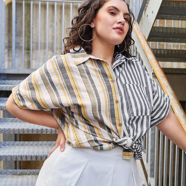 

Plus knot Hem Striped Blouse, Multicolor