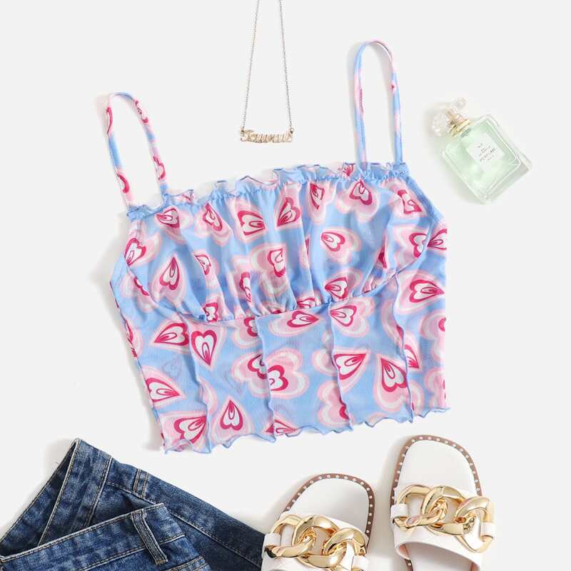 

Heart Print Ruched Bust Cami Top, Multicolor