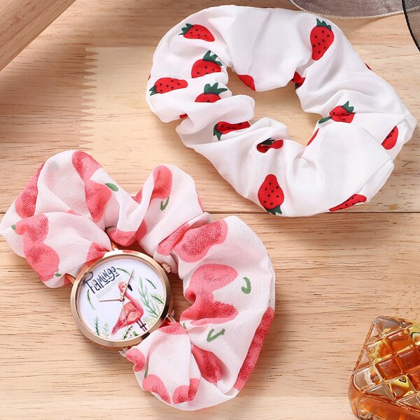 

1pc Flamingo Dial Scrunchie Strap Quartz Watch & 1pc Scrunchie