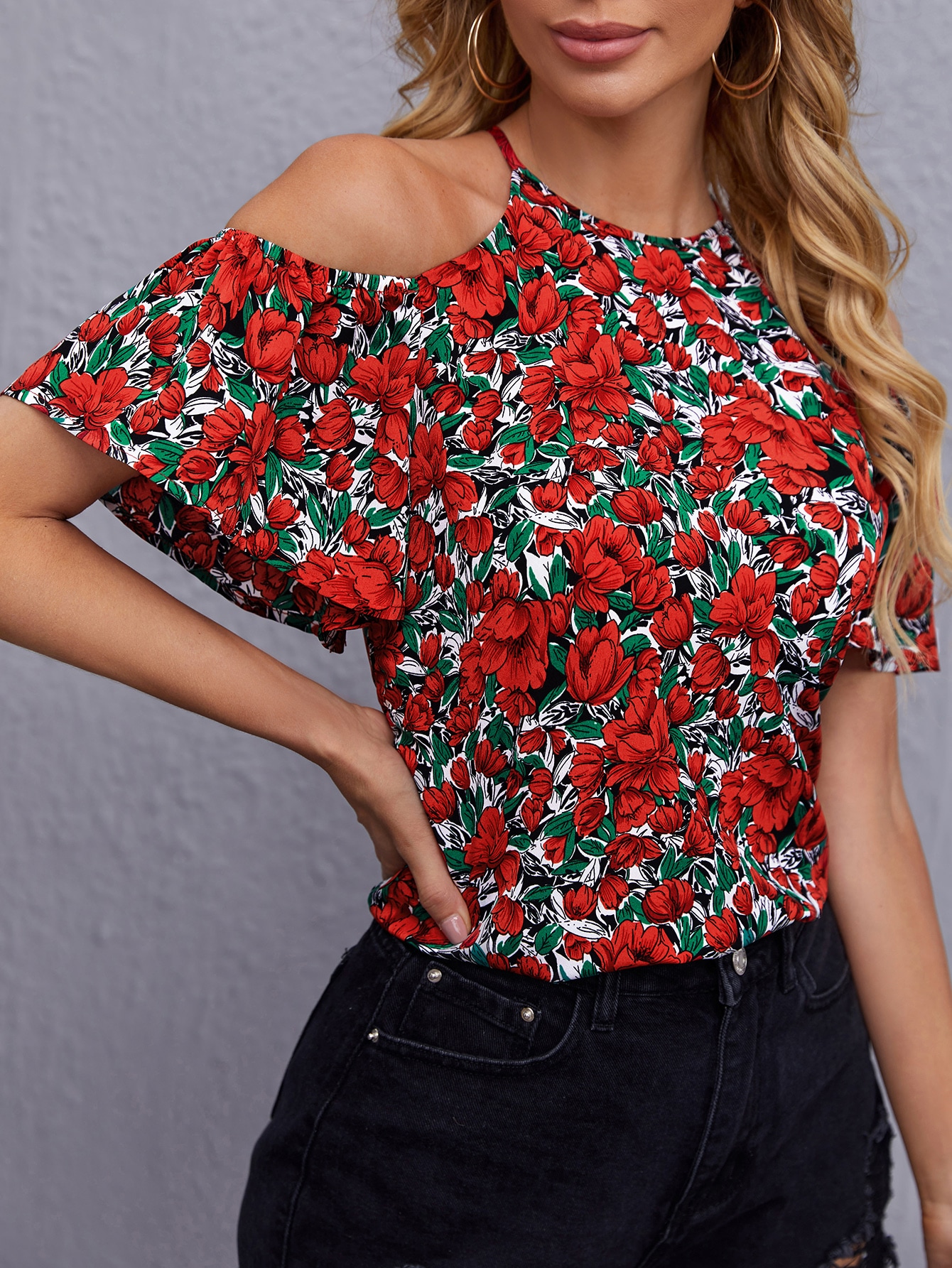 SHEIN Blusa de hombros descubiertos con estampado floral de espalda con  abertura de ojo | SHEIN USA