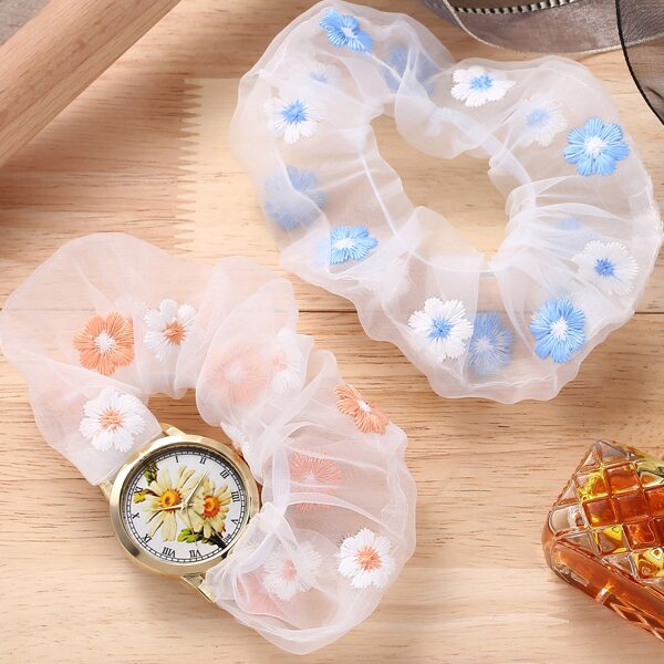 

1pc Daisy Mesh Scrunchie Strap Quartz Watch & 1pc Mesh Scrunchie