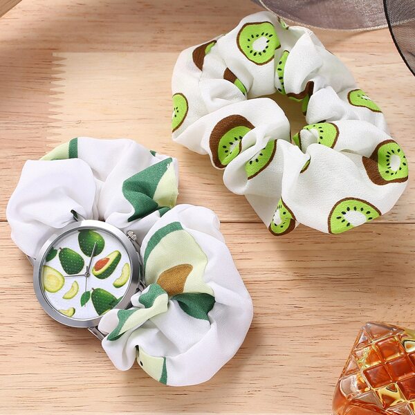 

1pc Avocado Scrunchie Strap Quartz Watch & 1pc Kiwi Scrunchie