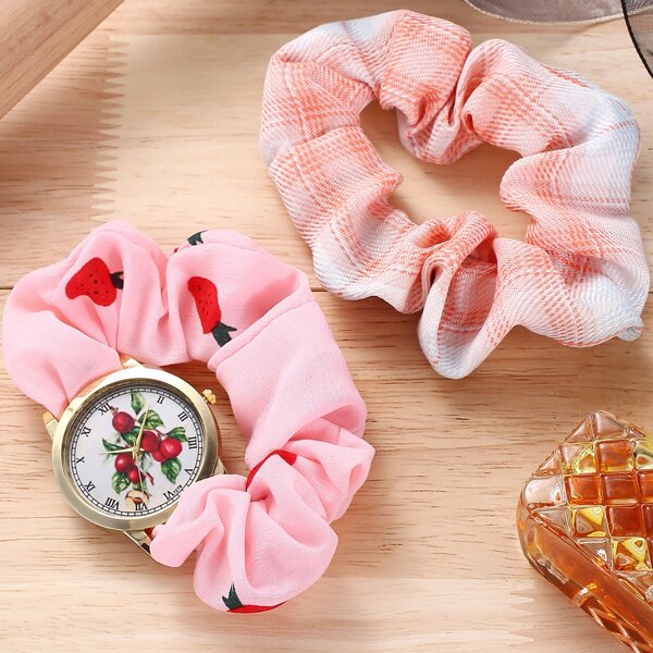 

1pc Strawberry Scrunchie Strap Quartz Watch & 1pc Scrunchie