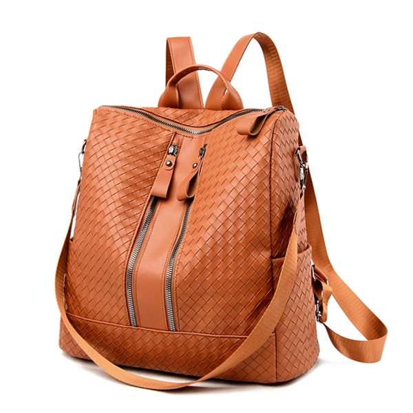 

Zipper Front Braided Pattern Backpack, Brown