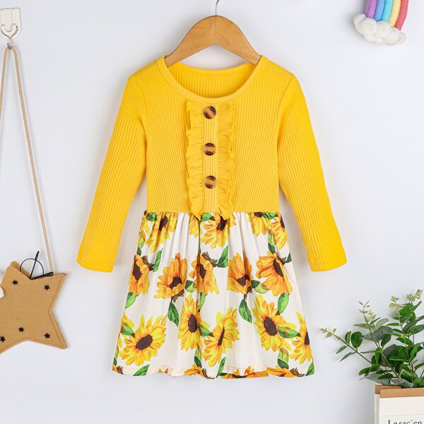 

Toddler Girls Sunflower Print Ruffle Trim Dress, Yellow