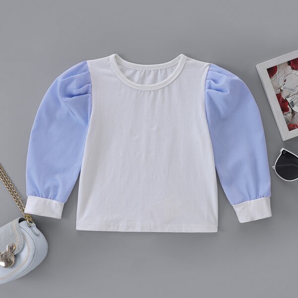 

Toddler Girls Contrast Striped Panel Puff Sleeve Tee, Blue and white