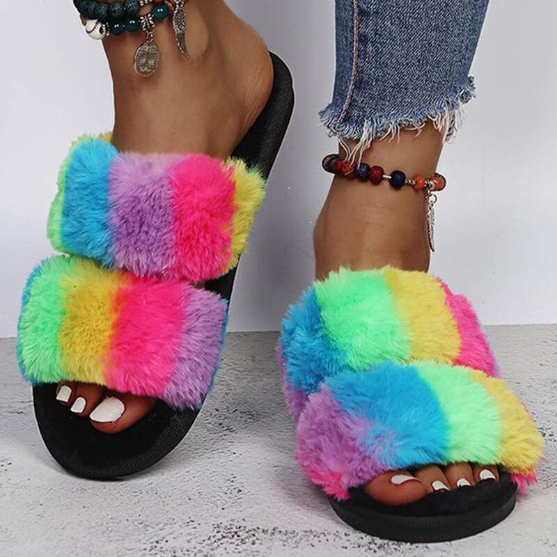 

Double Band Fluffy Slippers, Multicolor