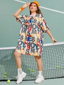 Mulvari Plus Letter Graphic Drop Shoulder Tee Dress - Multicolor - View 1