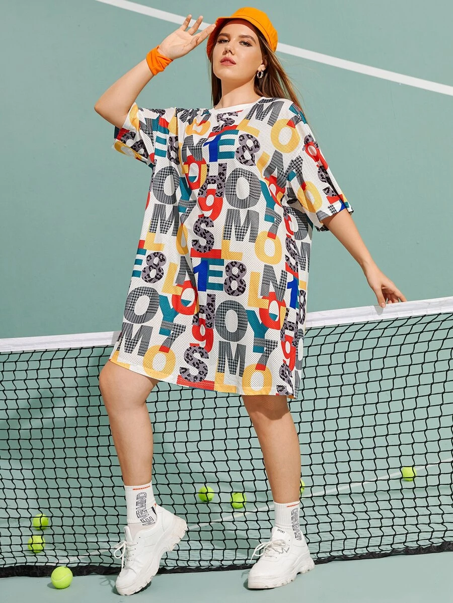 Mulvari Plus Letter Graphic Drop Shoulder Tee Dress - Multicolor - View 1