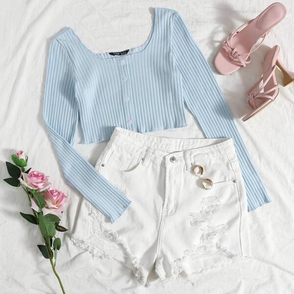 

Crop Button Up Ribbed Knit Top, Baby blue