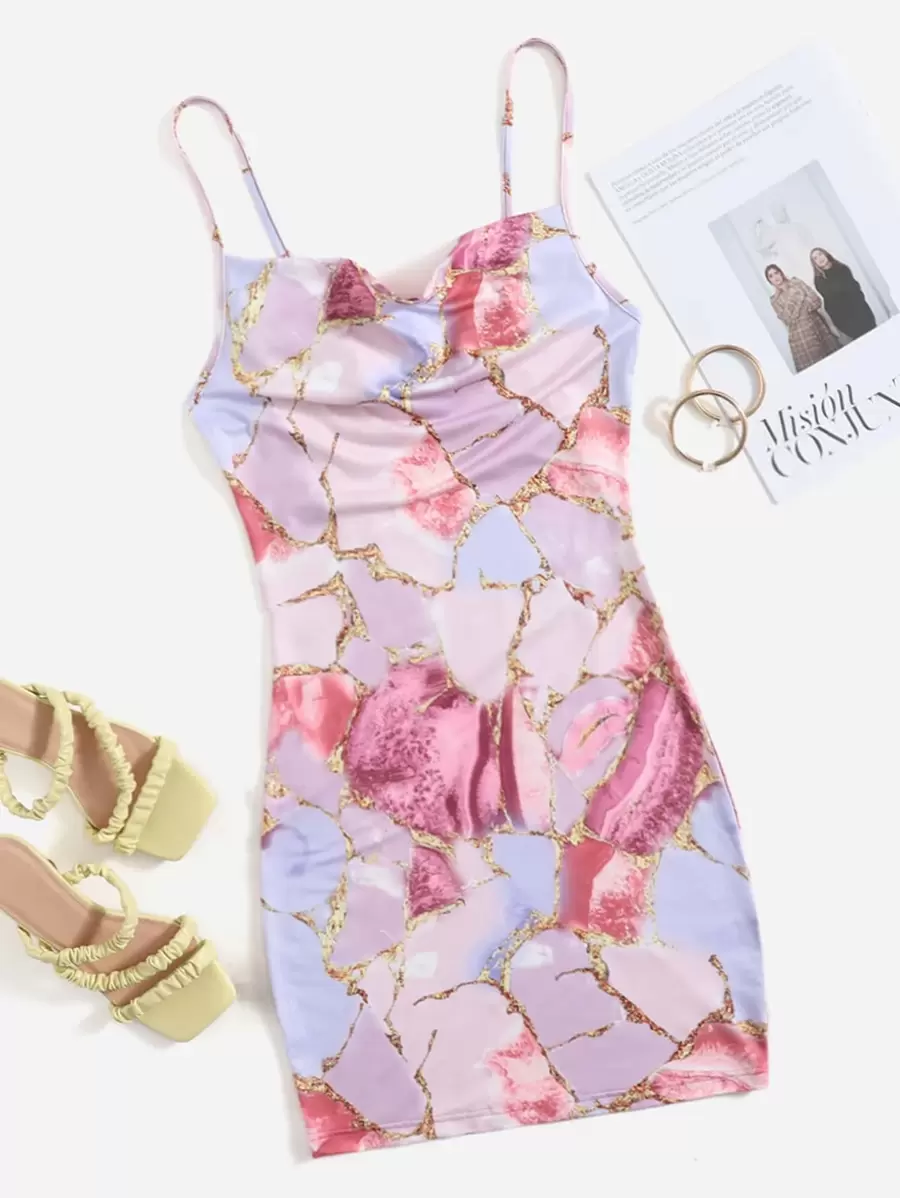 SHEIN Essnce Marble Print Cami Bodycon Dress - Multicolor - View 1