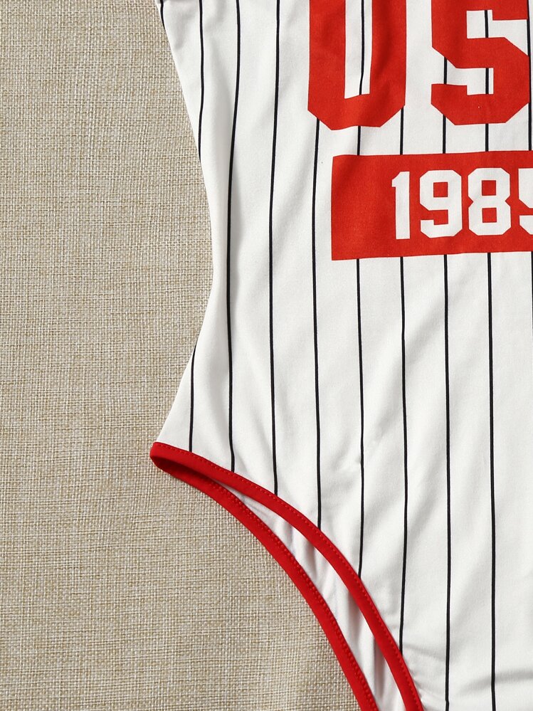 SHEIN EZwear 大尺碼針織字母和條紋印花連身衣夏季 - 紅白色 - 查看 3