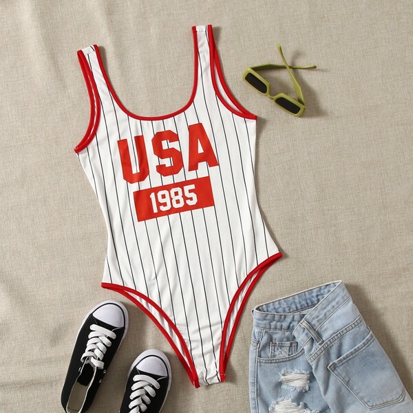 

Striped & Letter Graphic Contrast Binding Bodysuit, White