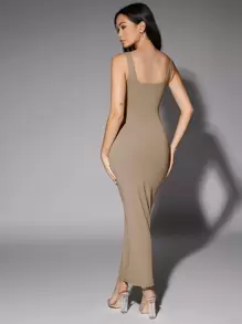 Silquee 素色大圓領背心連衣裙 - 摩卡棕 - 查看 2