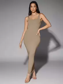 Silquee 素色大圓領背心連衣裙 - 摩卡棕 - 查看 5