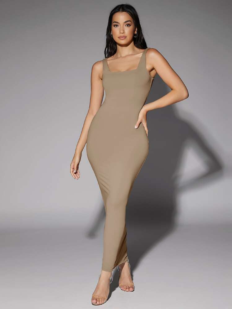 Silquee Solid Scoop Neck Tank Dress - Mocha Brown - View 5