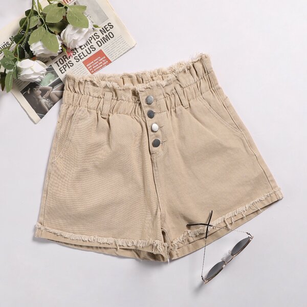 

Button Fly Raw Trim Solid Denim Shorts, Khaki