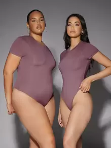 SHEIN BAE 1pc Solid Round Neck Bodysuit - Mauve Purple - View 4