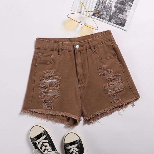 

Ripped Raw Hem Denim Shorts, Coffee brown