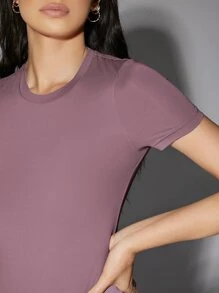 SHEIN BAE 1pc Solid Round Neck Bodysuit - Mauve Purple - View 3