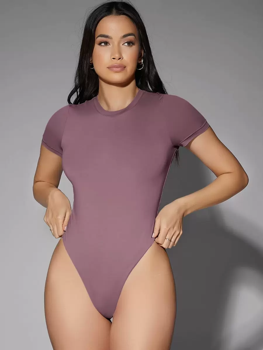 SHEIN BAE 1pc Solid Round Neck Bodysuit - Mauve Purple - View 1