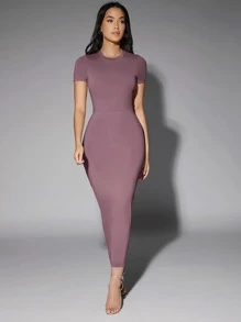 SHEIN BAE 1pc Solid Round Neck Bodysuit - Mauve Purple - View 5