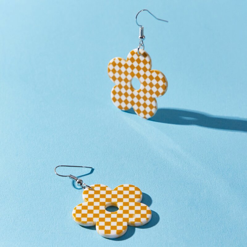 

Plaid Flower Drop Earrings, Yellow