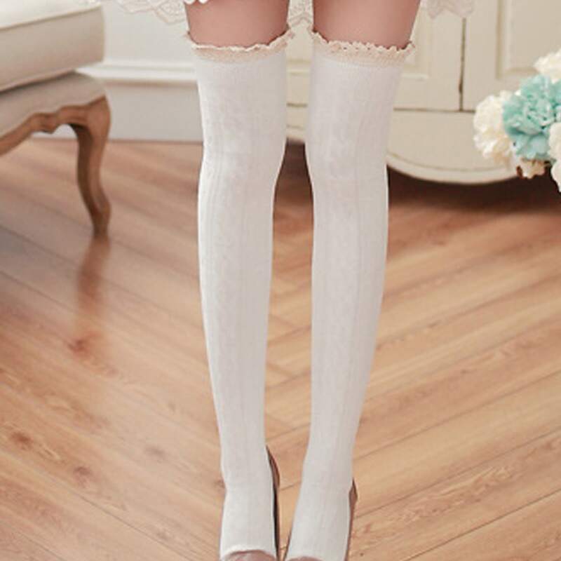 

Lace Trim Stockings, White