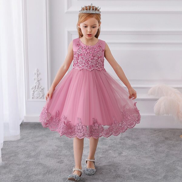 

Girls Jacquard Embroidery Mesh Overlay Party Dress, Dusty pink