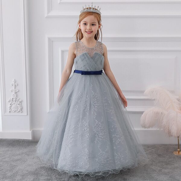 

Girls Embroidery Bow Back Mesh Overlay Gown Dress, Light grey