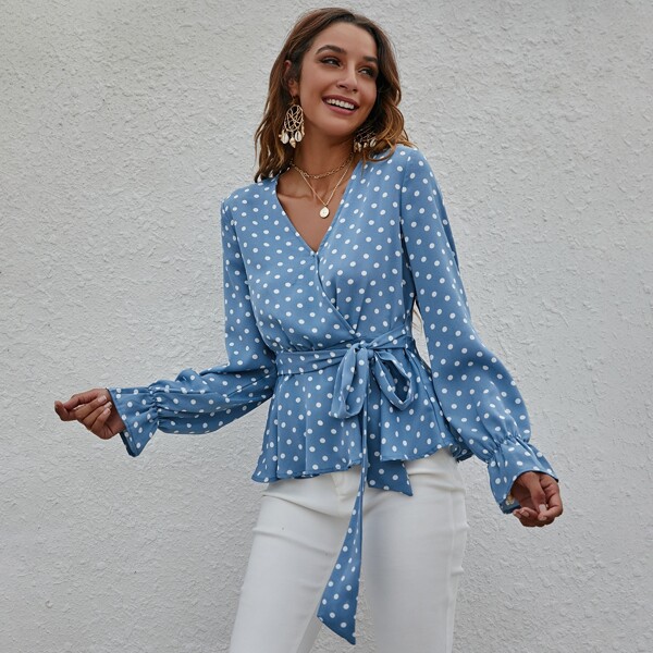 

Polka Dot Flounce Sleeve Belted Blouse, Dusty blue
