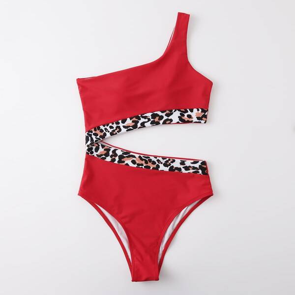 

Leopard Trim Cut-out One Shoulder One Piece Swimsuit, Red