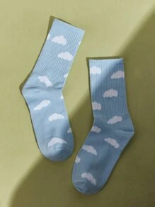 SHEIN MOD Cloud Print Crew Socks - Blue - View 1