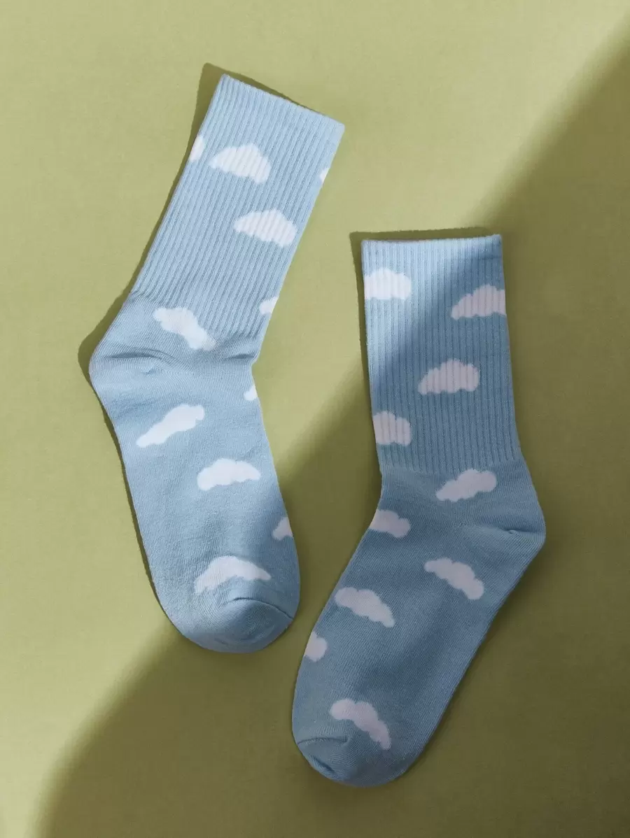 SHEIN MOD Cloud Print Crew Socks - Blue - View 1