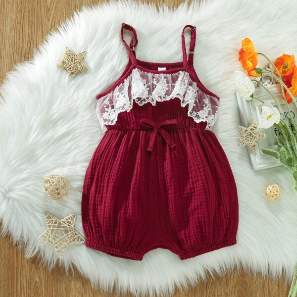 

Baby Contrast Lace Bow Front Cami Romper, Burgundy